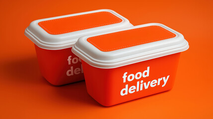 Orange food delivery containers with white lids on vibrant background