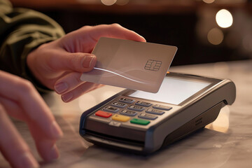 Close-up of contactless payment: hand swiping bank card on POS terminal during checkout; secure NFC transaction in retail lighting, background for banking, fintech, e-commerce, marketing, finance