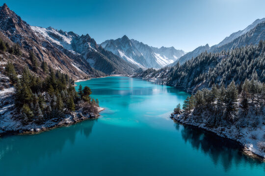 Aerial View of Turquoise Lake and Snowy Mountains