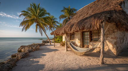 Beach house with hammock and palm trees on a sunny day near the ocean shore