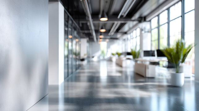 Open office corridor with glass partitions, tables, monitors and potted plants, industrial style; empty workspace ready for work, corporate background
