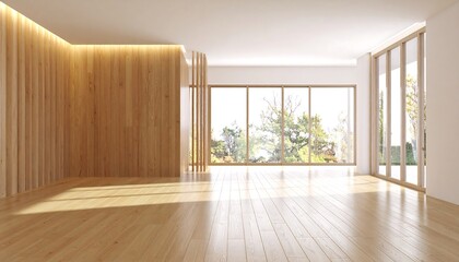 Fototapeta premium Empty modern interior with wooden accents and large windows