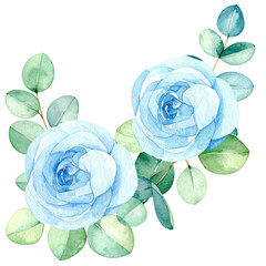 Two delicate watercolor blue roses surrounded by soft green eucalyptus leaves, showcasing a gentle and elegant floral arrangement