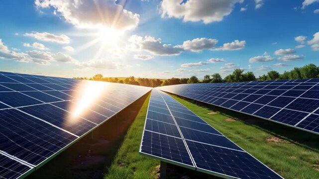 Time lapse Vast solar panel array under a bright sunny sky,  renewable energy generation in a green field