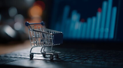 Mini shopping cart on keyboard with business data charts in the background