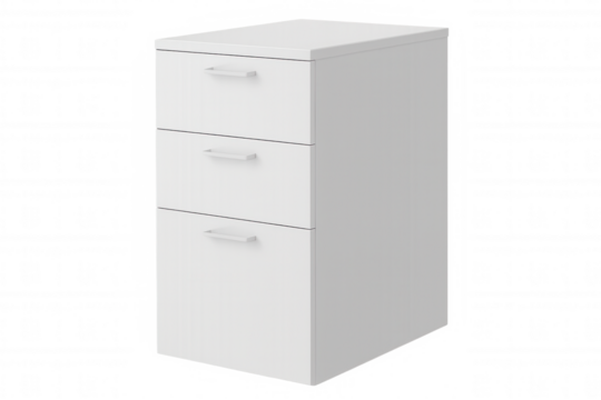 White filing cabinet with three drawers and metal handles isolated on transparent background, perfect for office or home organization