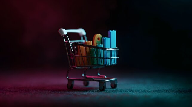 Colorful toy shopping cart with financial data graphics