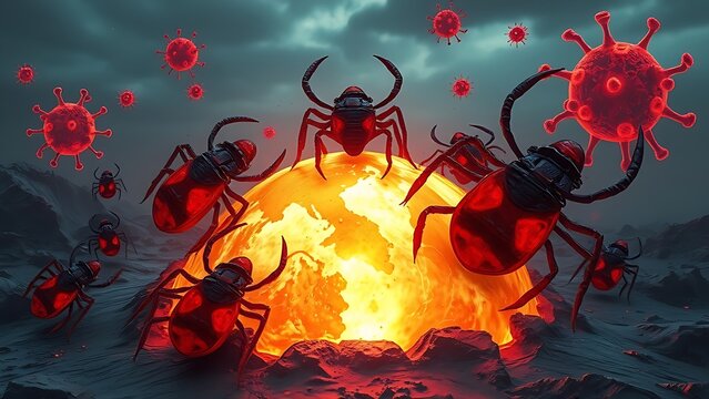 Surreal landscape of giant glowing ticks crawling over a melting earth with radiating red disease vectors.