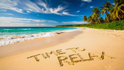 Serene tropical beach scene featuring the phrase "Time to Relax" elegantly inscribed in the wet sand.