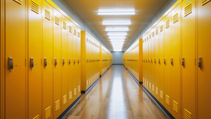 Striking perspective shot down a long, symmetrical hallway lined with uniformly yellow lockers.