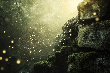 Fototapeta premium Enchanted forest scene: A spiderweb adorned with glistening dewdrops and fireflies near moss-covered stones.