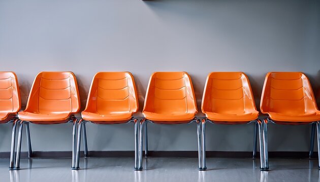 row of orange plastic chairs with metal legs in waiting room minimalist interior empty and clean modern design calm atmosphere repetitive pattern horizontal composition