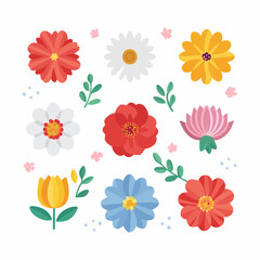 A vibrant collection of stylized spring flowers, a beautiful assortment of blooming blossoms and botanical elements for design.