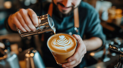 a cheerful barista preparing latte art in a modern coffee shop