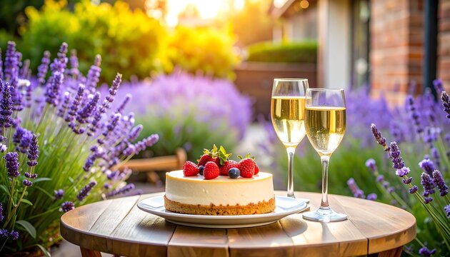 Romantic Outdoor Scene with Cheesecake, Wine, and Lavender in Sunlight