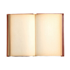 Naklejka premium Open vintage book with blank, aged cream-colored pages and a brown leather cover, lying flat and ready for writing or reading