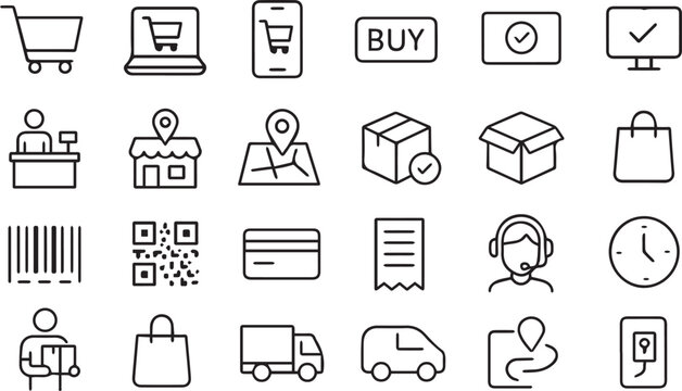 Click and Collect Online Shopping Editable Stroke Outline Icon Set Pixel Perfect Vector Icons for E-Commerce and Retail