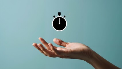 Hand reaching for floating stopwatch icon against blue background