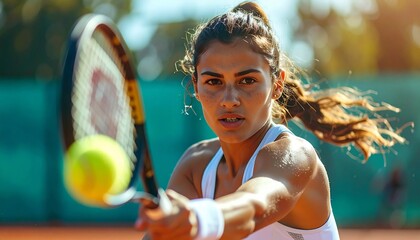 Realistic medium-shot from waist up of a professional woman tennis player performing a powerful forehand hit on a tennis court, natural skin tones, athletic attire, dynamic motion, intense focused exp