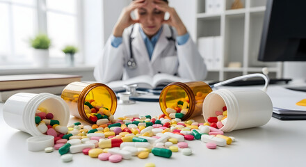 Overworked female doctor with spilled pills on desk showing stress and burnout in her clinic office
