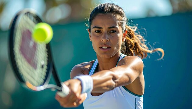 Realistic medium-shot from waist up of a professional woman tennis player performing a powerful forehand hit on a tennis court, natural skin tones, athletic attire, dynamic motion, intense focused exp - Powered by Adobe