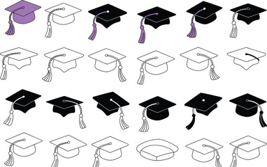 Collection of graduation caps in black and purple with tassels academic cap mortarboard