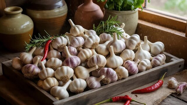 Fresh Garlic Bulbs Wooden Tray Rustic Kitchen Red Chili Herbs Clay Pots Rosemary Display