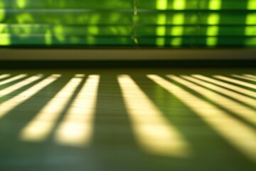 Sunlight streams through window blinds, casting vertical shadows on the floor, creating a striped pattern.