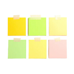 Six colorful sticky notes in yellow, green, and pink shades, each taped at the top with masking tape, arranged in two rows of three