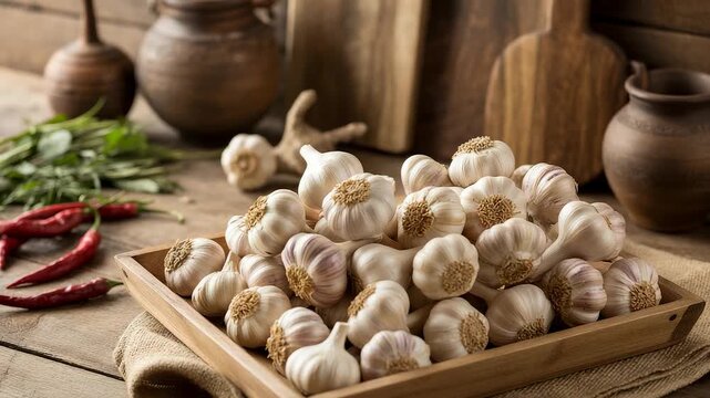 Fresh Garlic Bulbs Wooden Box Rustic Kitchen Red Chili Herbs Clay Pots Tabletop Food Display
