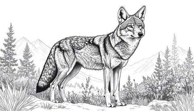 Detailed monochrome sketch of a coyote in a natural mountain landscape