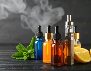 Colorful vaping liquids and devices on a dark wooden surface with smoke