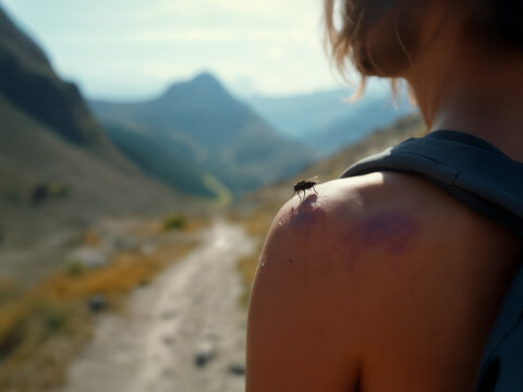 Close-up of a horsefly bite on a hiker's shoulder showing bruising, swelling, and redness in a nature setting, capturing the rare insect bite in outdoor adventure context.