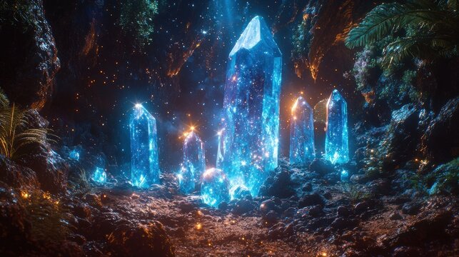 Mystical cave scene with glowing blue crystals - Powered by Adobe
