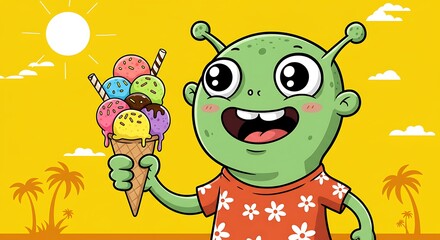 Obraz premium Happy alien enjoying summer ice cream cartoon illustration on tropical beach