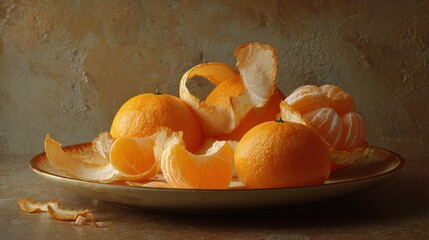 fresh oranges and peeled oranges with their peels on a plate