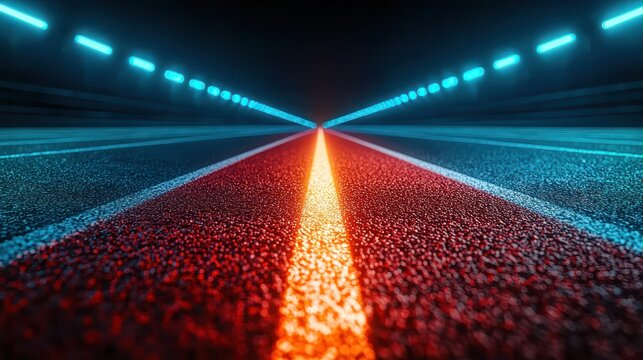 Neon-lit road tunnel.  Perspective view of a futuristic road tunnel, bathed in vibrant blue and red neon lights.  Centerline glows with an orange/yellow light