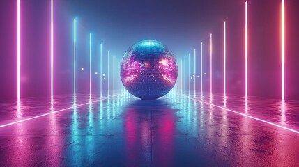 Neon-lit, reflective sphere in a futuristic corridor
