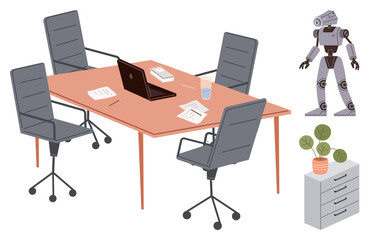 Office setup with chairs, table, laptop, papers, and a robot standing nearby. Ideal for technology, innovation, teamwork AI concepts future workforce modern workplace collaboration. A simple flat