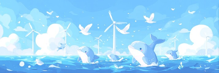 UROCZA, PŁASKA ILUSTRACJA DELFINÓW I MEW W STYLU ANIME
