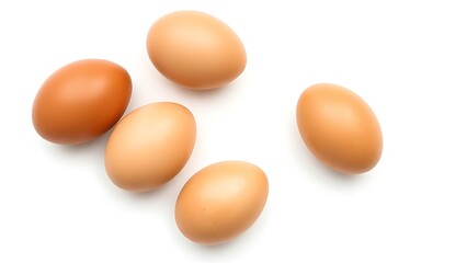 Fresh brown eggs with natural texture, isolated on a pure white background under soft overhead lighting.