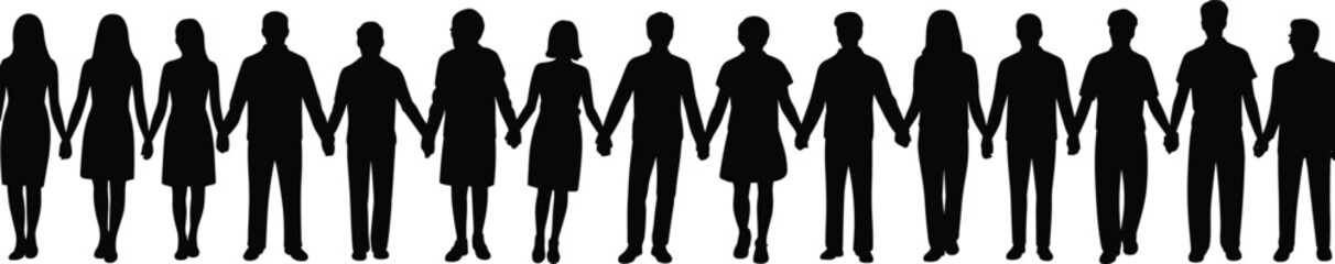 Group of diverse people holding hands together, human silhouettes united, teamwork collaboration concept, community support, connection, cooperation vector illustration