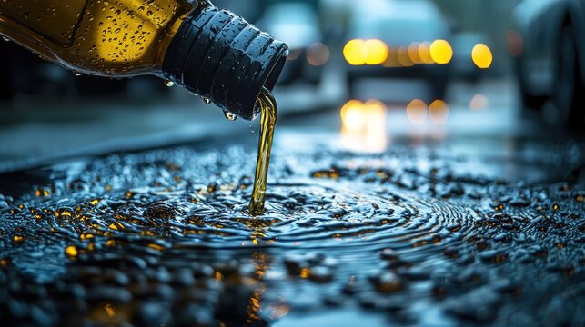 Olive oil poured onto a wet street, creating ripples