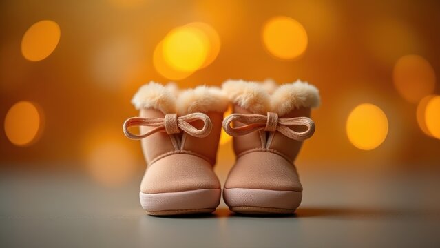 baby booties stand against golden bokeh background 