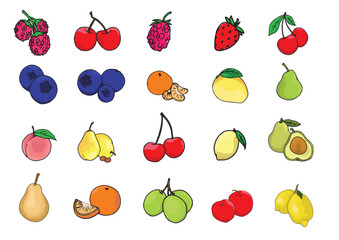 Colorful Fresh Fruit Illustration Collection – 20 Hand Drawn Fruits