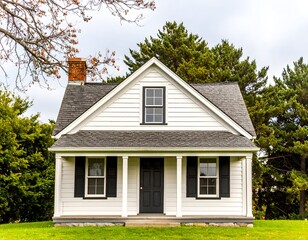 Fototapeta premium A classic small white house with black shutters and a grey roof, nestled in a green lawn with trees in the background, exuding a charming, traditional American aesthetic.
