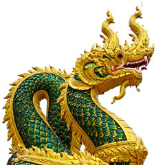 Obraz premium Ornate golden and green dragon statue with intricate scales and detailed facial features, showcasing traditional artistic craftsmanship