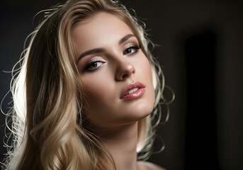 Naklejka premium Beautiful young woman with glamorous makeup, a bold red lip, and a stylish hairstyle poses for a close-up studio portrait