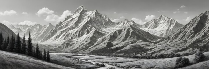 Black and White Mountain Landscape with Snow-Capped Peaks and Forested Valley