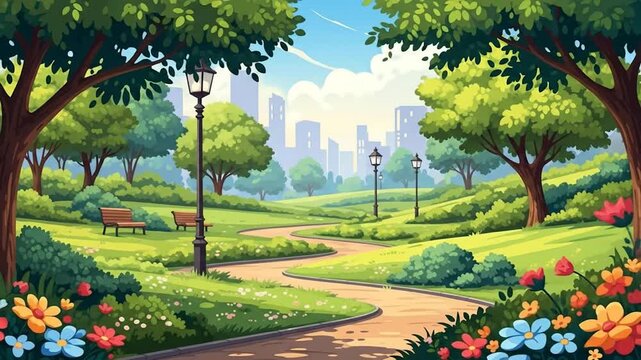 Scenic park illustration with winding paths and city skyline view.